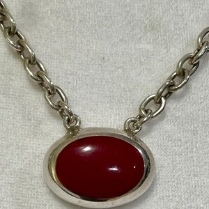 Vintage Taxco Mexican Sterling Silver Red Jasper Cabochon Necklace - Heavy 925